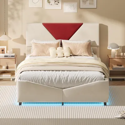 Immagine prodotto di Letto Moonbite con contenitore, dimensioni 140x200 cm, rivestito in velluto, color beige e bordeaux, con testiera dotata di luci LED regolabili e design moderno ed elegante