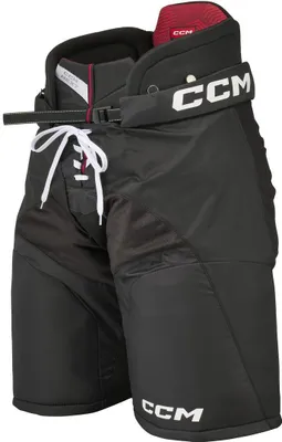 A pair of black CCM hockey pants is shown against a white background.