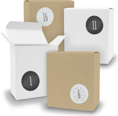 Produktbild von Adventskalender zum Füllen 24x Quader gemischt WEISS BRAUN + Sticker V09 Z13