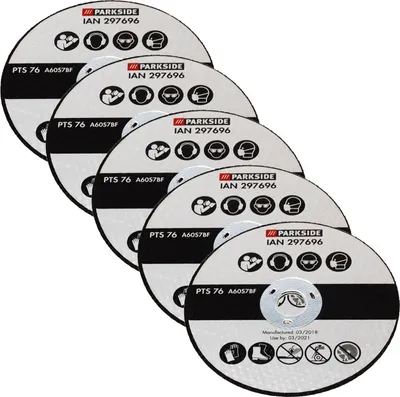A stack of five circular cutting discs for an angle grinder.
