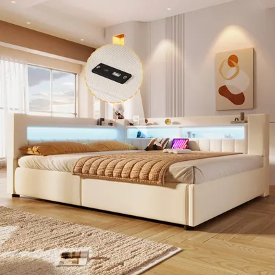 Produktbild von Daybett 140x200 cm mit hydraulischem Stauraum, Polsterbett, Tagesbett, Schlafsofa mit LED, USB & Rückenlehne, Leinen,Beige (ohne Matratze)