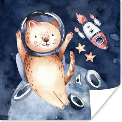 Produktbild von MuchoWow® Poster Weltraum - Rakete - Katze - Kind - Jungen - Mädchen - Kinder 50x50 cm - Wohnzimmerdekoration