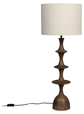 Tischlampe Cath mit geschwungener Mangoholz-Säule in Walnuss-Finish und zylindrischem Leinen-Schirm, Gesamtansicht.