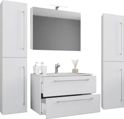 Image de Lavabo 5 pièces | Armoire lavabo largeur 60 cm | Meubles de salle de bain avec tiroirs portes tournantes Armoire de miroir | Badinos
