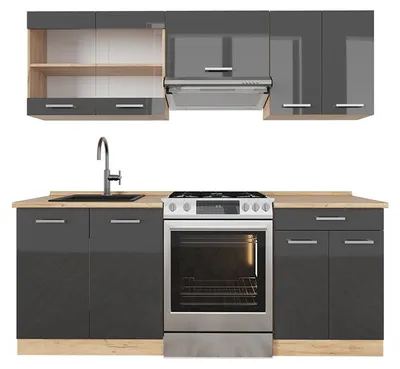 Produktbild von Küchenzeile Vicco R-Line Anthrazit Hochglanz/Goldkraft Eiche 200 cm ohne Arbeitsplatte, Model 37164