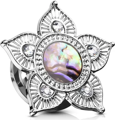 Produktbild von Flesh Tunnel Plug Edelstahl Blume Blüte Perlmutt Ohr Piercing Ohrstecker Screw Fit silber 8 mm