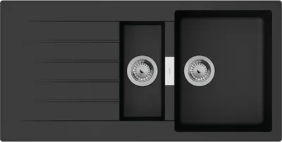A top-down view of a black kitchen sink with a ribbed draining board and two basins.