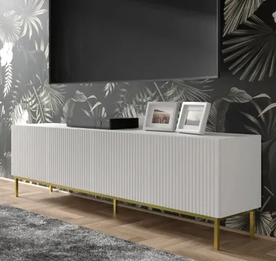 Produktbild von TV Schrank RAVENNA B 200 cm 4D rahmen WEIß MATT / WEIß MATT Lowboard mit Metallfüße Stehen Unterschrank Fernsehschrank Modern Loft TV Board Sideboard HiFi-Tisch Golden oder Schwarz Metallrahmen Beine mit gefräster fronten