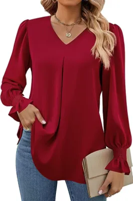Produktbild von ASKSA Damen Bluse V-Ausschnitt Chiffon Plissee Laternenaermel Langarm Elegant Einfarbig Casual Locker Oberteile (Weinrot,XXL)