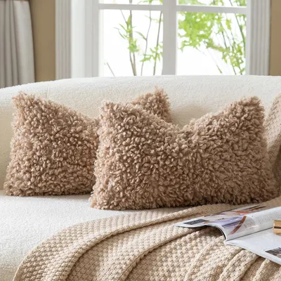 Obrázok produktu pre Sada dvoch obliečok na vankúše, 30x50 cm, farba khaki, imitácia kožušiny, bouclé, sherpa, fleece