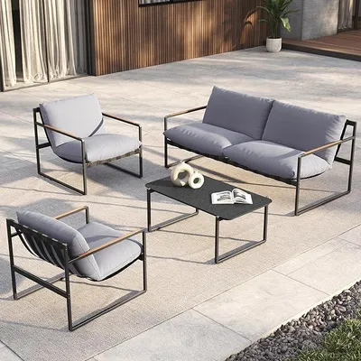 Productafbeelding van Tuinmeubelset voor 4 personen, balkonmeubelset met kussens, loungeset voor buiten met tuinbank, 2 fauteuils, tafel. Terrasmeubelset, loungeset voor tuin, buiten en binnen (grijs)