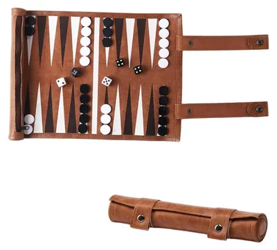 Productafbeelding van Backgammon-set van 100% leer, 35,5 x 25,2 cm, met schaakstukken en dobbelstenen, ideaal voor onderweg