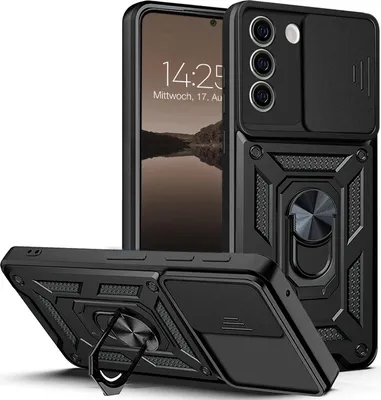 A black phone case with a sliding camera cover and a ring stand, shown from multiple angles.