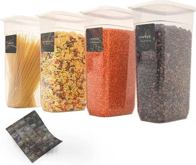 Zdjęcie produktu dla Zestaw pojemników do przechowywania Unyqoos® 4 sztuki, pojemność 3250 ml każda – szczelne pojemniki z pokrywkami, wolne od BPA, wykonane z polipropylenu (PP-05), możliwość układania w stos, kolor biały, wymiary 28×16,5×11,2 cm, w zestawie 25 etykiet