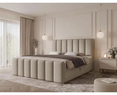 Produktbild von 180 cm Boxspringbett PORTO MAX mit gestepptem Kopfteil und Fußteil, Taschenfederkernmatratze H3/H4, 2 Bettkästen, Bouclé/Velvet, ohne Topper