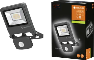 A product image showing a LEDVANCE LED outdoor spotlight with a motion sensor, presented next to its retail packaging.