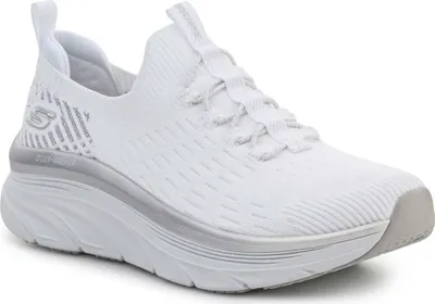 A white Skechers sneaker with a thick sole is shown from the side against a white background.