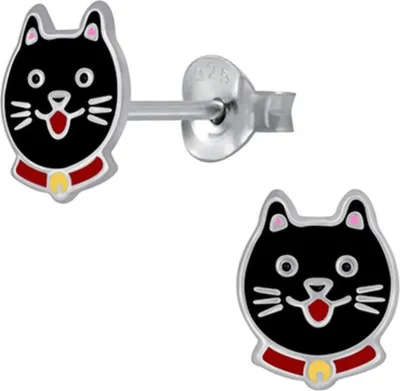 Produktbild von Kinderohrstecker: Mädchen Ohrringe Silber „Katze“ Schwarz