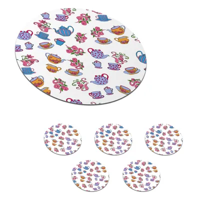 Obrázok produktu pre MuchoWow® Okrúhly sklenený podšálok, sada 6 ks Vzory - Čaj - Ruže - Čajník 10x10x0.3cm Podložky pod poháre - podložky pod nápoje - ochrana stolovej