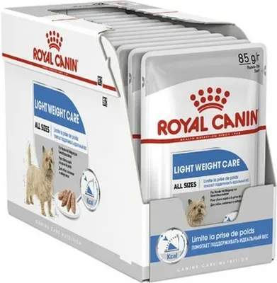 A box of Royal Canin Light Weight Care dog food pouches.