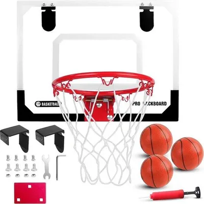 Zdjęcie produktu dla Koszykówka dla dzieci Unyqoos® Mini – wymiary 40x30 cm, tylna ścianka z PVC, wyciszona (pianka 1,8 cm), obręcz o średnicy 20,4 cm, 3 piłki o średnicy 14 cm + pompka, przenośna, do montażu na drzwiach lub ścianie