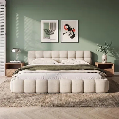 Obrázek produktu pro Postel INONEFT, rozměry 140 x 200 cm, dvojlůžko s opěrkou a čalouněným rámem, dětská postel "Bubble" s roštem, potah z lněného materiálu, barva béžová