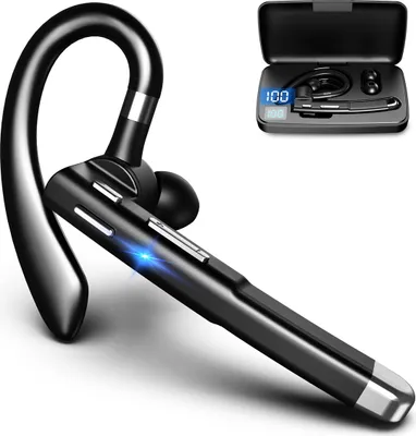 A black wireless headset with a charging case is displayed against a white background. The charging case has a digital display showing battery levels.