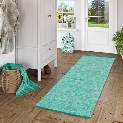 Produktbild von Baumwolle Natur Kelim Teppich Läufer Easy Türkis Meliert, Größe:70x250 cm