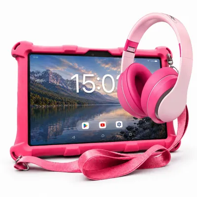 Produktbild von AngelTech Kinderpaket XL - Kindertablet + Kinderkopfhörer - Android 14 - 3+4 GB RAM - 32+64GB - Elternaufsicht - 10 Zoll - Rosa