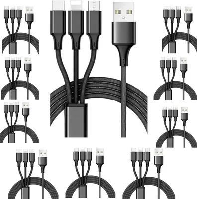 Produktbild von 3-in-1 Ladekabel Robustes Mehrfachladekabel mit USB-C Micro und iPhone Anschluss – Schwarz / 10 Pack