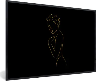 Produktbild von MuchoWow® Gerahmtes Poster Frau - Schwarz - Gold - Strichzeichnung 30x20 cm - Poster mit Schwarzem Bilderrahmen Wandposter Rahmen Foto Bilder - Kunstdruck - Bild-Poster