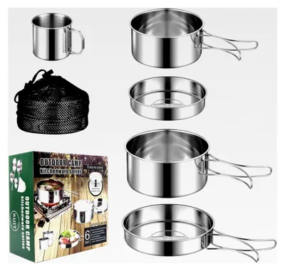Produktbild von Camping Kochgeschirr Set, Edelstahl Kochset für Camping, Topf und Pfanne Set, Faltbares Besteck für Outdoor, Stapelbares Picknick Kochgeschirr (5-teiliges Set)