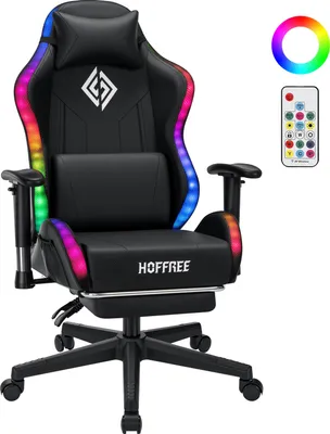 A black gaming chair with LED lighting and a remote control.