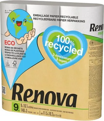 Image de 8 Papier Wc Renova Recyclé 3 Plis 9 Rouleaux - Renova