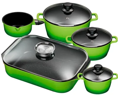 Produktbild von 5tlg. KING Vorteilsset GRÜN: 4tlg. Kochtopfset Aluguss Grün, 3xKochtöpfe in Ø16,Ø20,Ø24cm, 1xStieltopf Ø16cm + 40x26cm Bräter Aluguss, mit Glasdeckel und Aromaknopf / Farbe: Grün