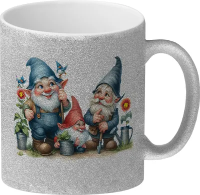 Produktbild von Gartenzwerge mit Zipfelmützen Glitzer-Kaffeebecher