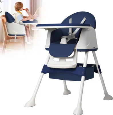 Image de LARS360 Chaise haute multifonctionnelle pour bébé, réglable en hauteur avec 4 roulettes, tablette à 3 positions et languette de traction, chaise haute combinée pour bébé, bleu