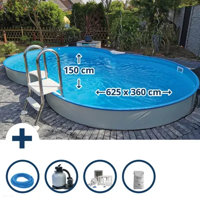 Produktbild von Stahlwandpool Set achtform Cannes 625x360x150cm, Stahl 0,8mm weiß, Folie 0,6mm blau, Einhängebiese