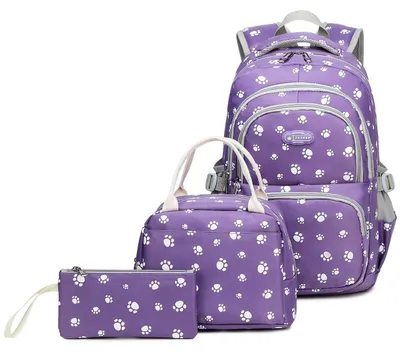 Image de Ensemble de sac à dos scolaire 3 pièces pour filles, couleur violet, comprenant une boîte à lunch et une trousse