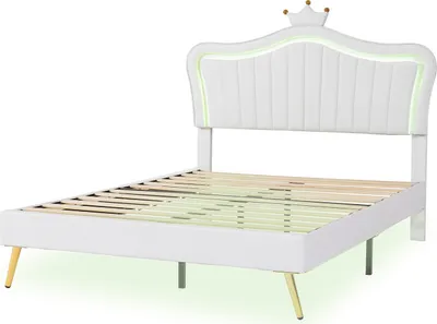 Produktbild von Kinderbett Polsterbett 140 x 200 cm,Bettgestell für Mädchen, weißes Kronen-Doppelbettgestell mit LED-Leuchten, Lattenrost und Rückenlehne