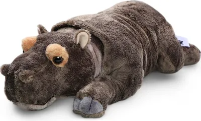 A plush toy hippopotamus lying on a white background.