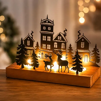 3-flammiger Adventskranz aus Holz und Metall, Rentier-Motiv