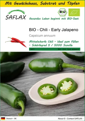 Produktbild von SAFLAX Anzucht Set - BIO - Chili - Early Jalapeno - Capsicum annuum - 20 Samen - Mit Mini-Gewächshaus, Anzuchtsubstrat und 2 Töpfen
