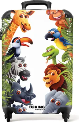 Produktbild von NoBoringSuitcases.com Kinder Handgepäck Koffer 55x35x20 cm, 36L, Farbenfrohe Drucke für Kinder: Weiß, grün - Dschungel Tiere, Reisekoffer mit 4 Rollen