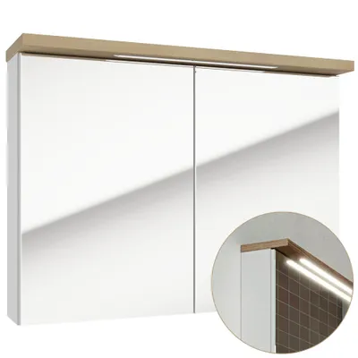 Produktbild von LED-Spiegelschrank 80 cm SOFIA-107 in Hochglanz weiß lackiert mit Trüffel Buche Nb., B/H/T: ca. 80/60/20 cm