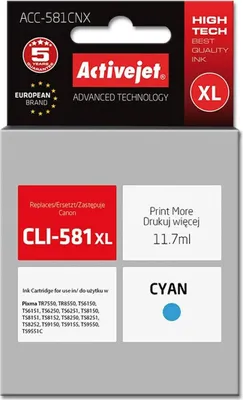 Produktbild von Activejet ACC-581CNX Tintenpatrone (Ersatz für Canon CLI-581XLC; Höchst; 11 70 ml; cyan)