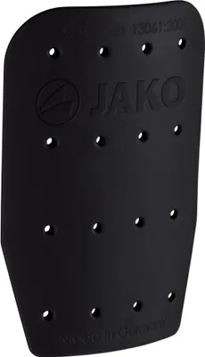 A black Jako shin guard with multiple holes for ventilation.