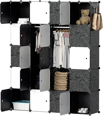 Produktbild von Kleiderschrank Regalsystem 20 Würfel Garderobe Kleiderschrank Offen Kunststoff Garderobe mit Türen Garderobenschrank mit Kleiderbügel & Kleiderhaken(Schwarz und Weiß 175x140x35CM)
