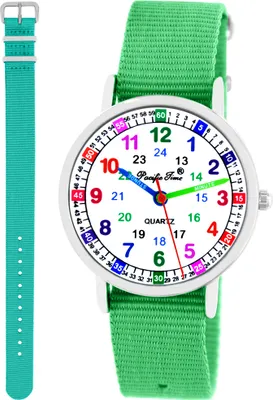 Produktbild von Kinder Armbanduhr Mädchen Jungen Lernuhr Kinderuhr uni 2 Armband grün + türkis