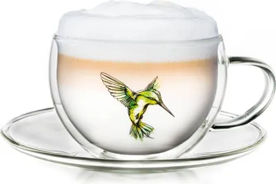 Produktbild von Creano Thermo-Tasse "Hummi" für Tee/Latte Macchiato, doppelwandig, mit Kolibri-Muster | 250ml in exklusiver Geschenkpackung, Grün